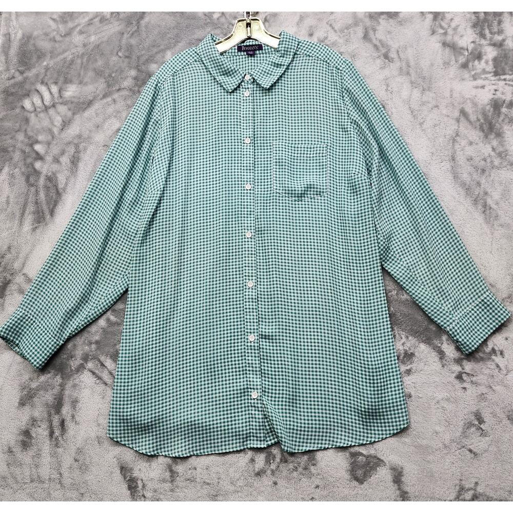 Roaman's Top Womens 24W Green Check Plaid Kate Tunic Long Sleeves Button Down